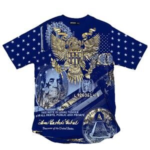 Contender XL Blue Gold Money Graphic Tee Slim Fit Stars Eagle Benjamin Franklin